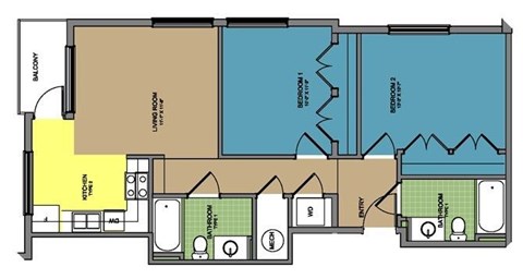 Floor plan for 2 beds, 2 baths, 831 sqft